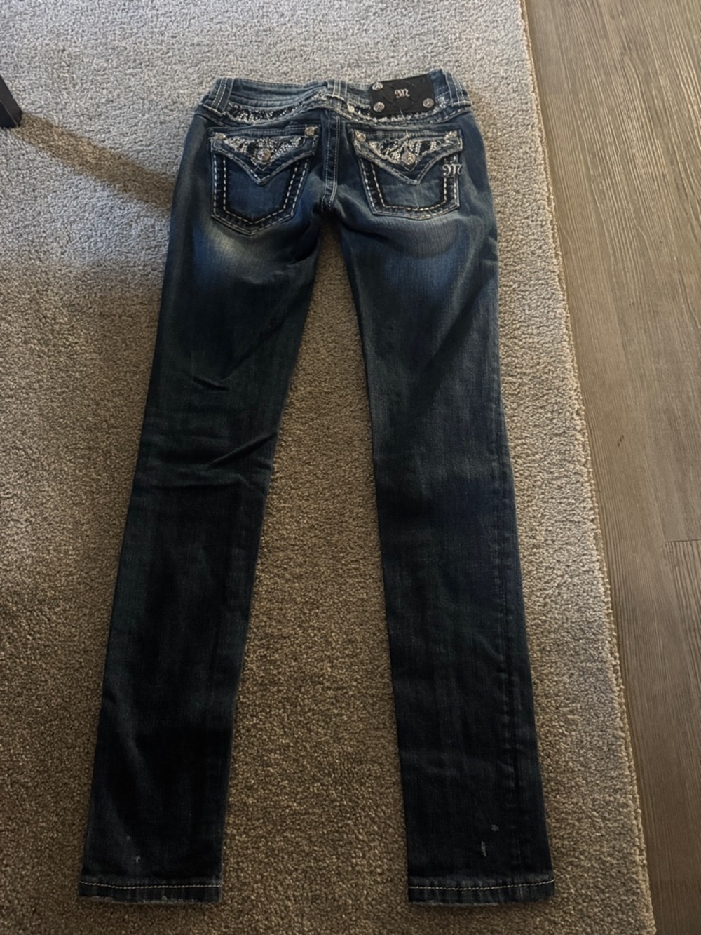 Miss Me Dark Blue Skinny Jeans with Embellished Back Pockets